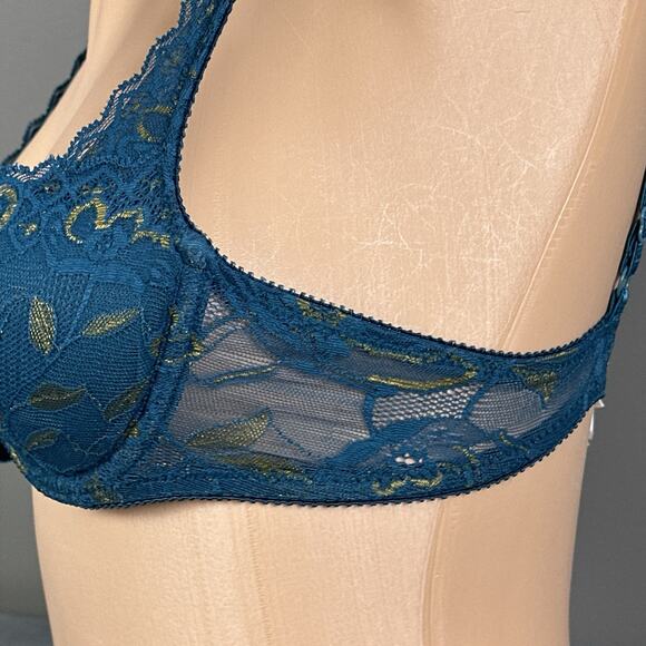 Vintage On Gossamer Bra 90s Padded Lined Push Up 34A Teal Lace Underwire AS IS - Picture 3 of 9